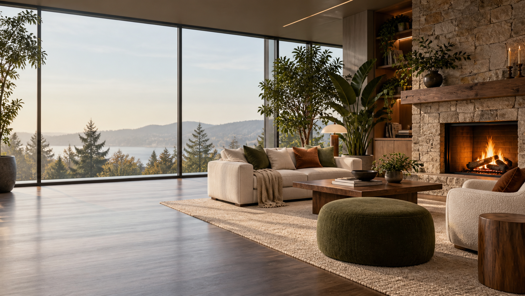A calm studio lounge with large plants and a fireplace