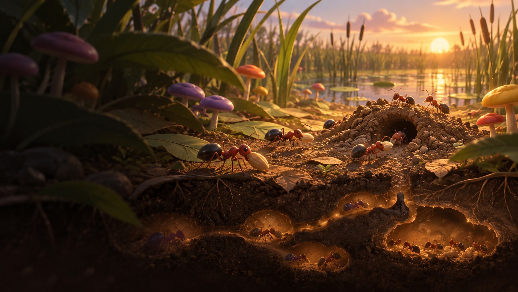 Antopia key art: red wood ants carrying seeds to their mound at sunset, the nest glowing below
