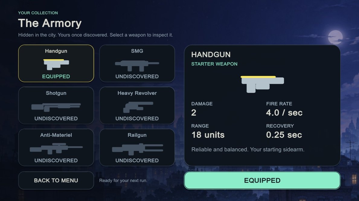Stick 'Em Up armory screen showing six weapon slots and handgun stats