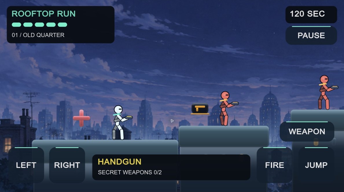 Stick 'Em Up gameplay: a stick figure with a handgun on a night rooftop facing two enemies