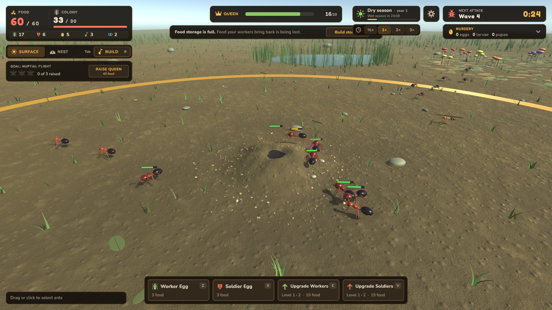Red wood ant soldiers fighting beetles on the nest mound, with the full colony HUD