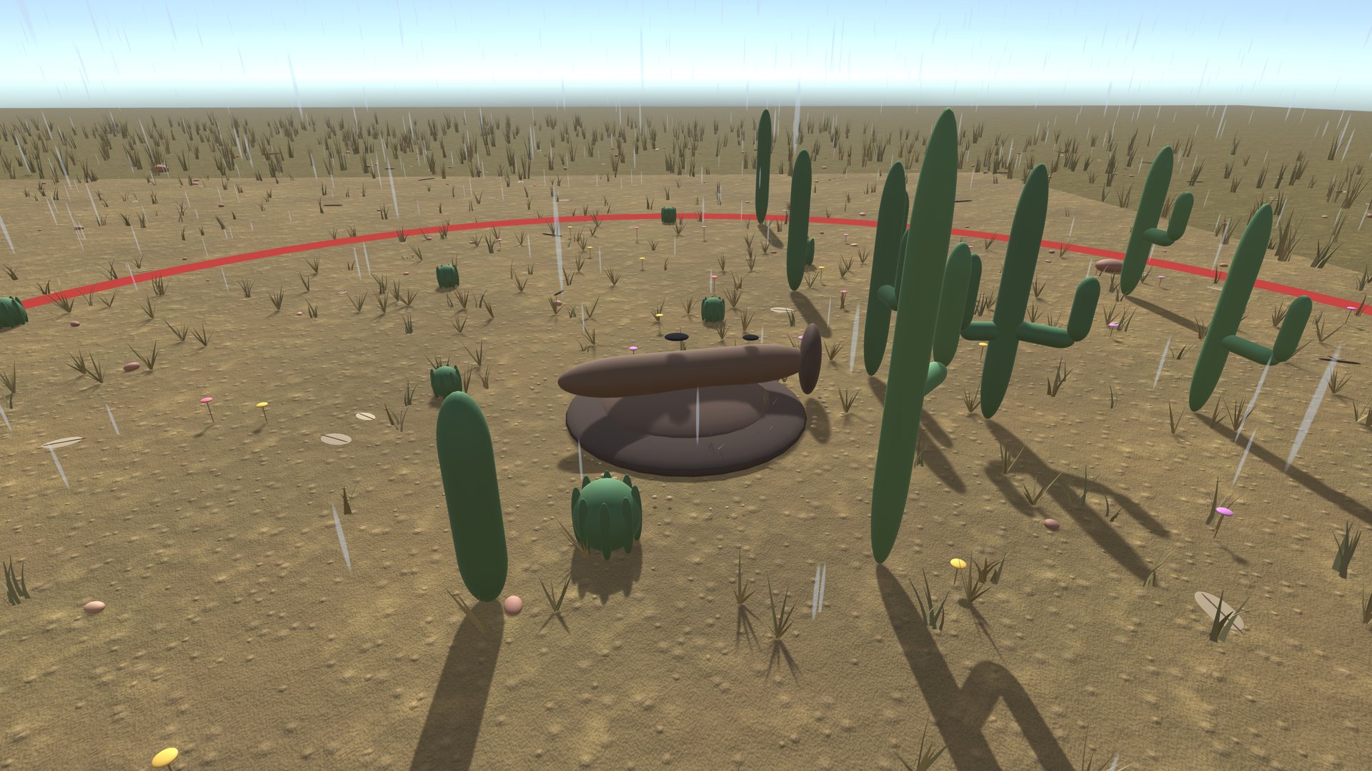 A rival ant nest among tall saguaro cacti in the desert during monsoon rain