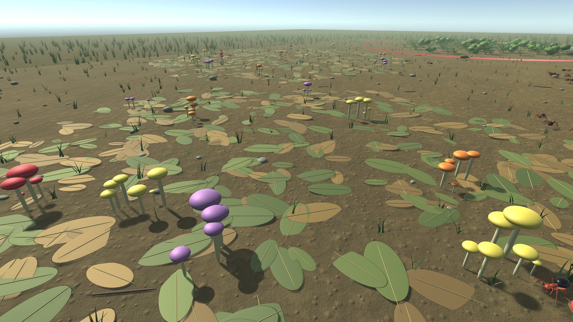 Rainforest floor covered in giant fallen leaves and bright purple, yellow and orange fungi