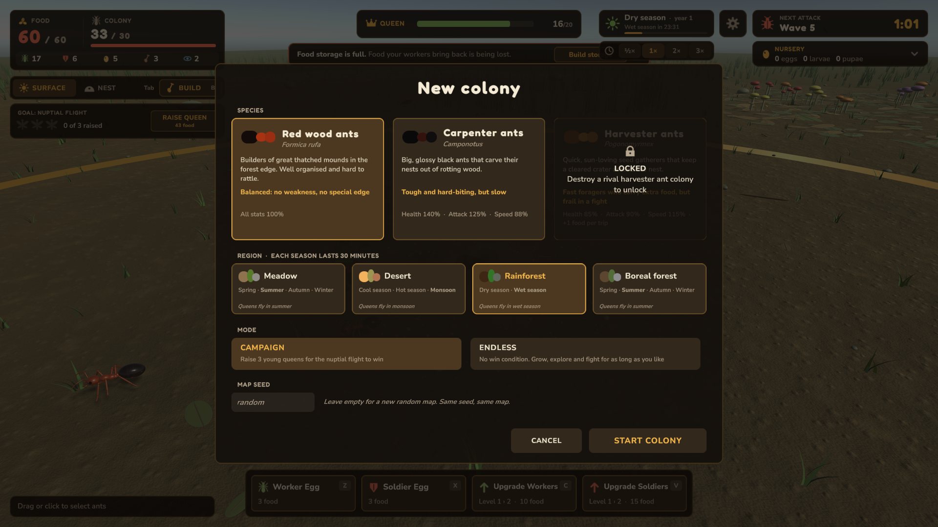 The New Colony screen: choose a species, a region and a mode