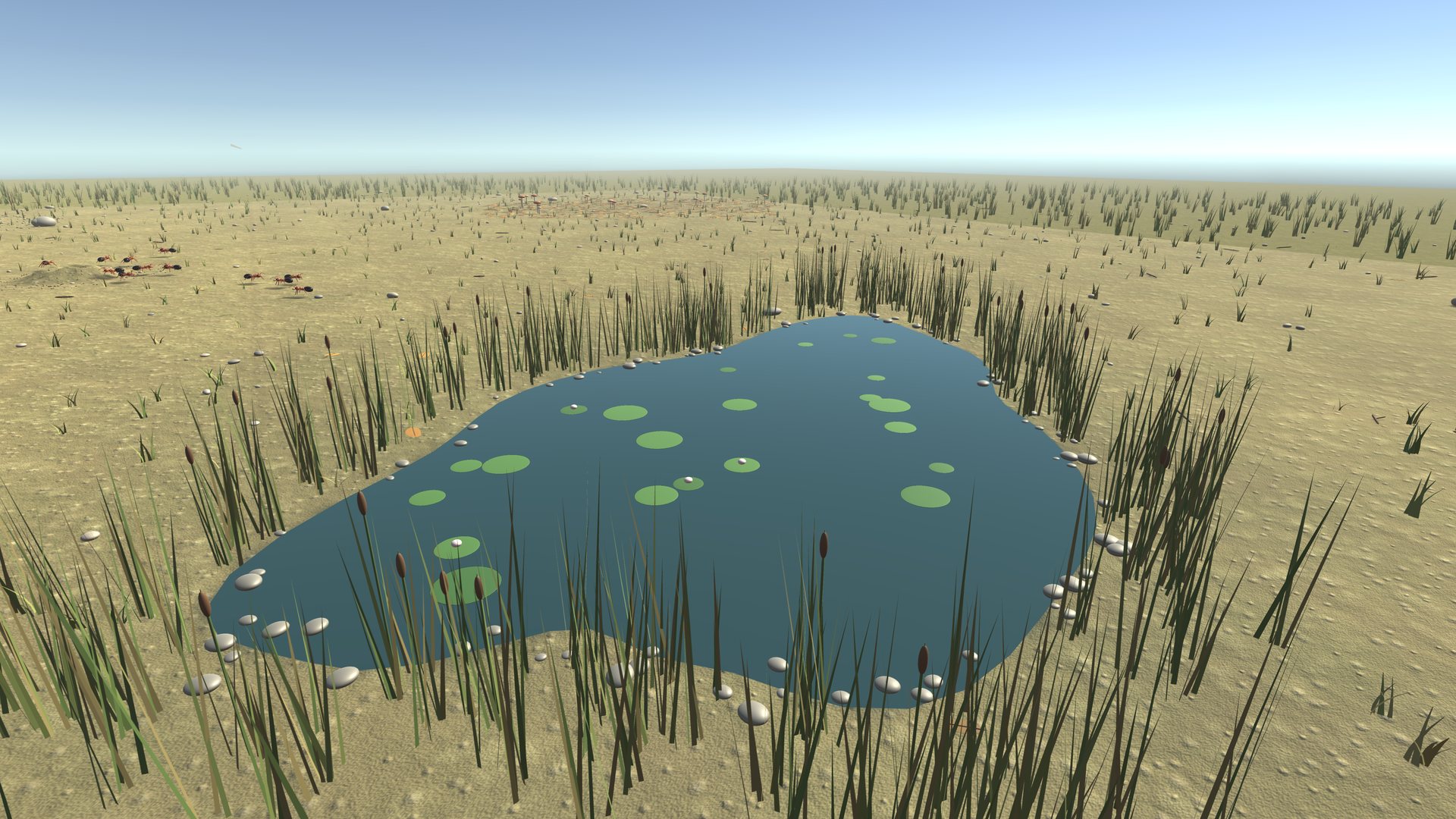 A meadow pond ringed with reeds and cattails, lily pads on the water